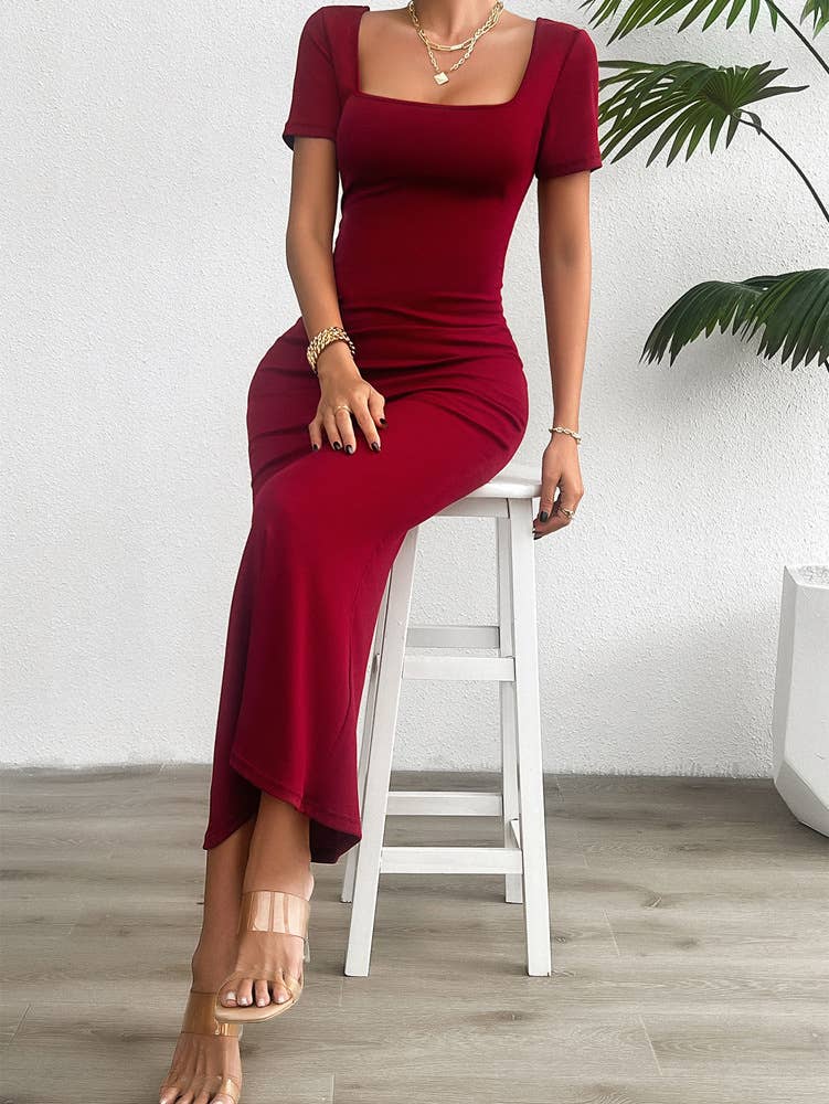 Solid color slim fit square neck bodycon dress