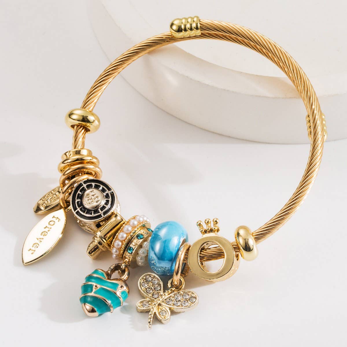 Travel Style Steel Bracelet with Rhinestone Charms