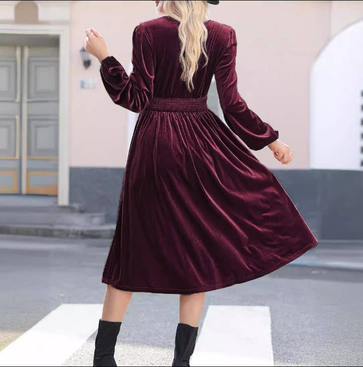 SOLID COLOR V-NECK PLEATED HIGH-WAISTED DRESS