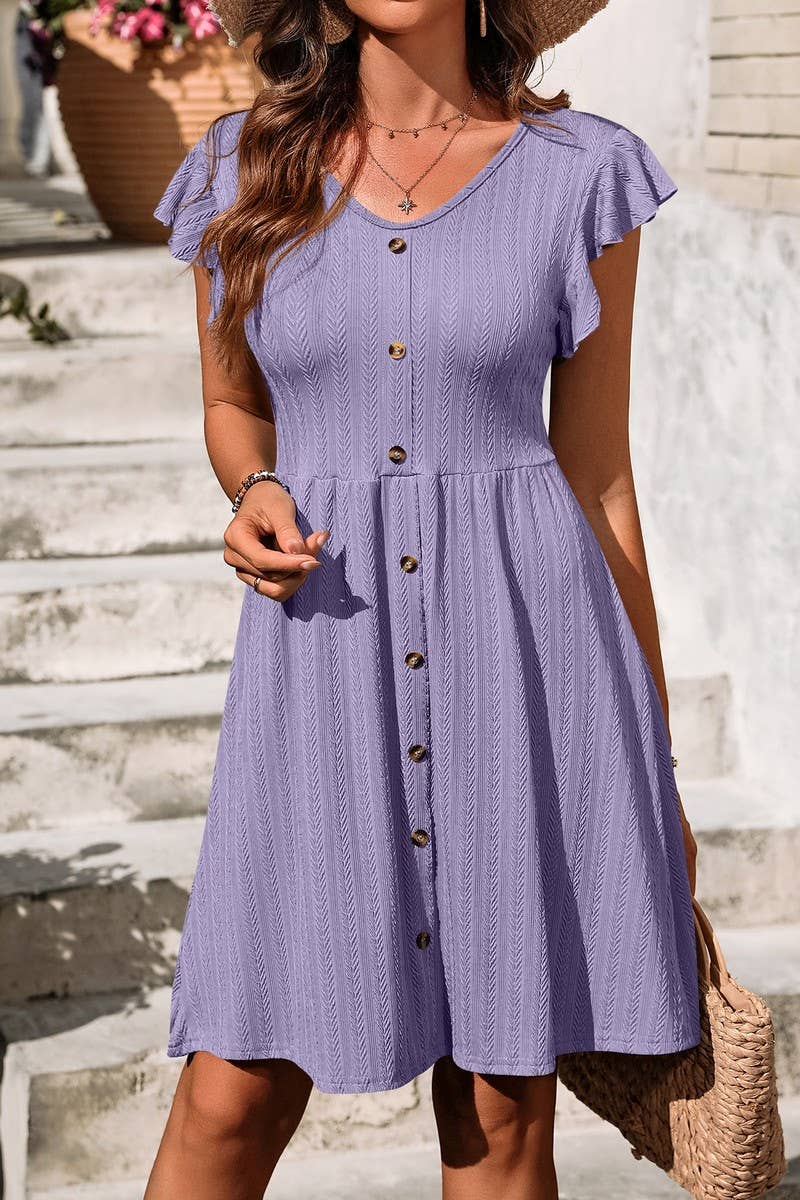 CWDSD6686_V-NECK BUTTON WAIST ELASTIC SHORT SLEEVE DRESS