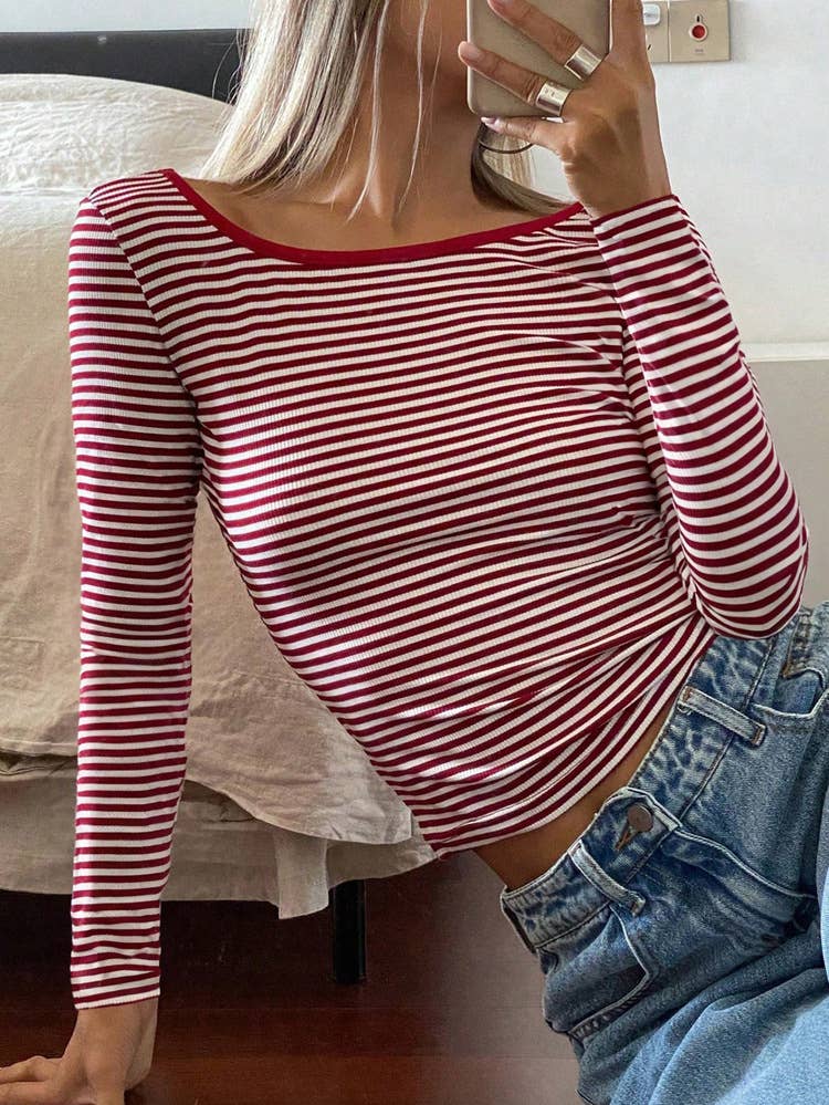 Y2K STRIPED COLOR CONTRAST BACKLESS T-SHIRT