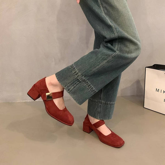 Red Block Heel Square Toe Mary Jane Shoes_CWSHF0110