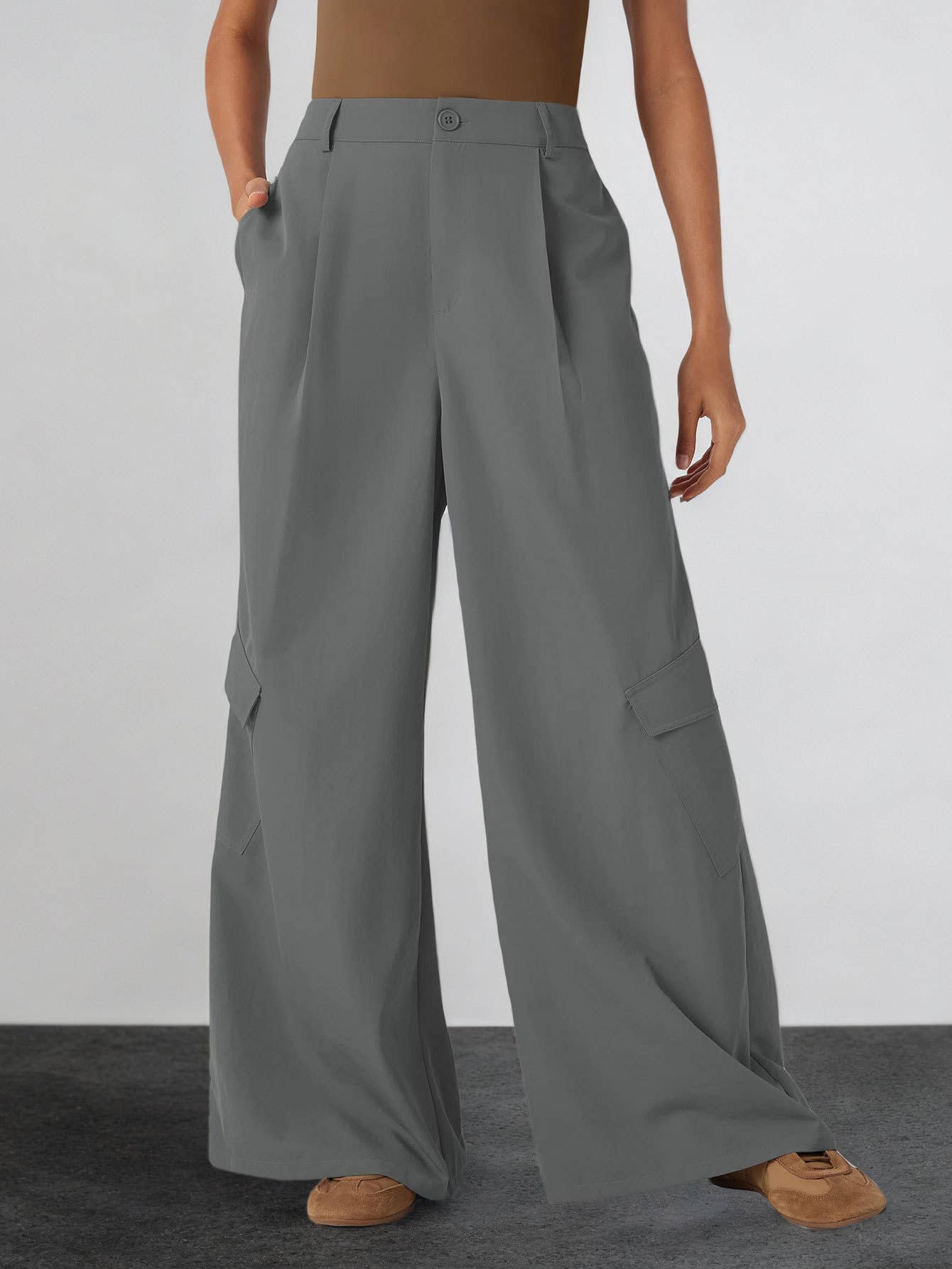 Solid-color high-waisted straight-leg workwear