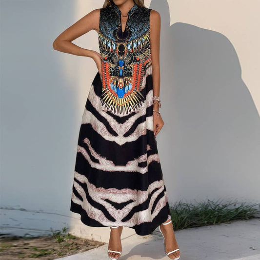 Sleeveless V-neck vintage animal print maxi dress