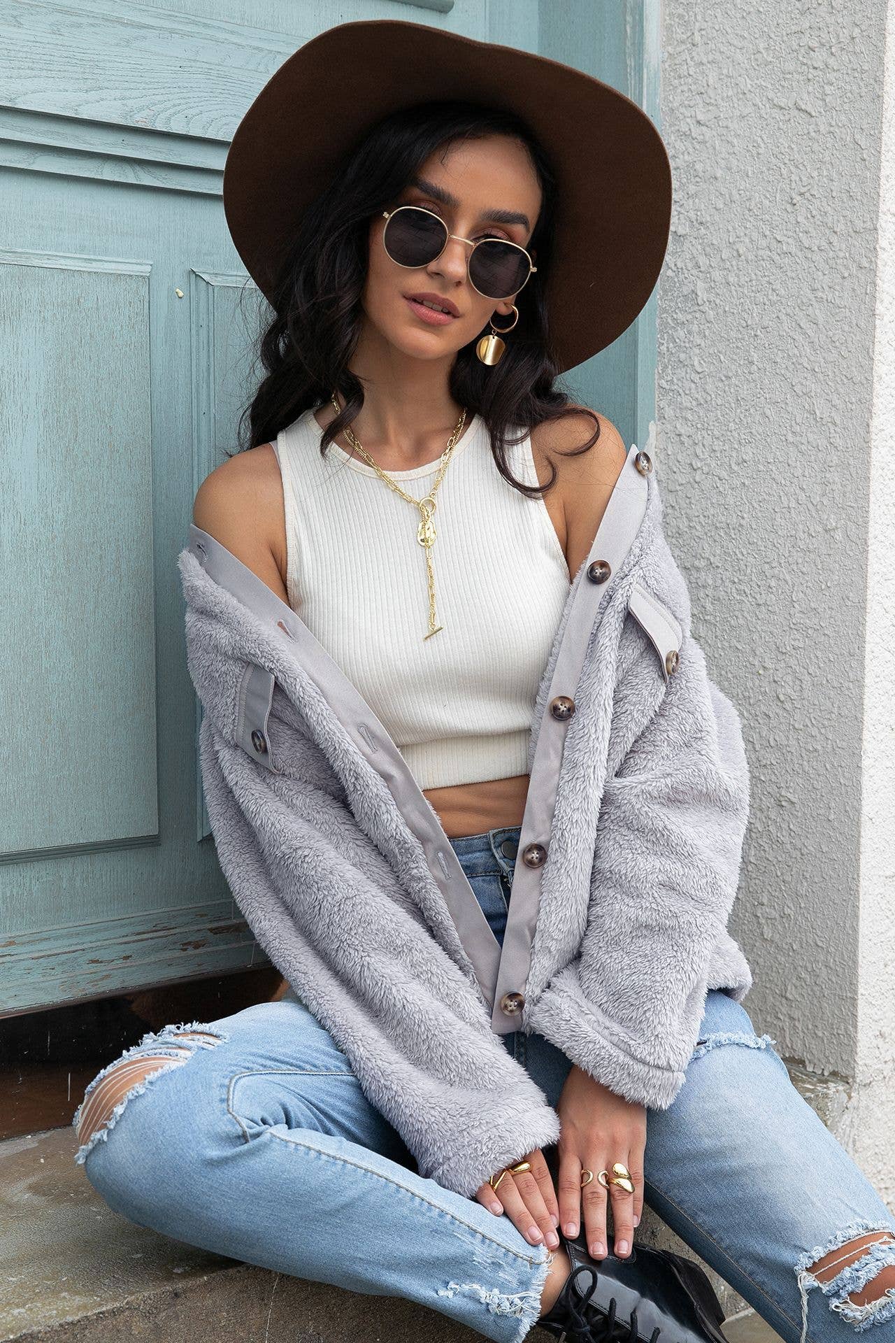 Single breasted furry cropped jacket