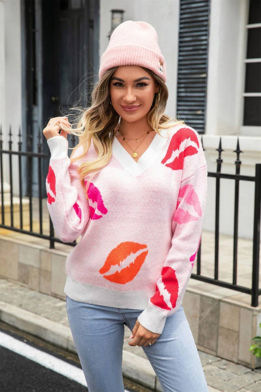 Cwoswl3165_Lips Print Valentine'S Day V-Neck Knit Sweater