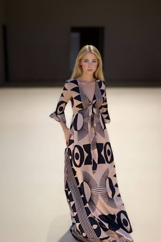 CWDMD945_V-NECK PRINTED LACE-UP LOOSE MID-SLEEVE DRESS