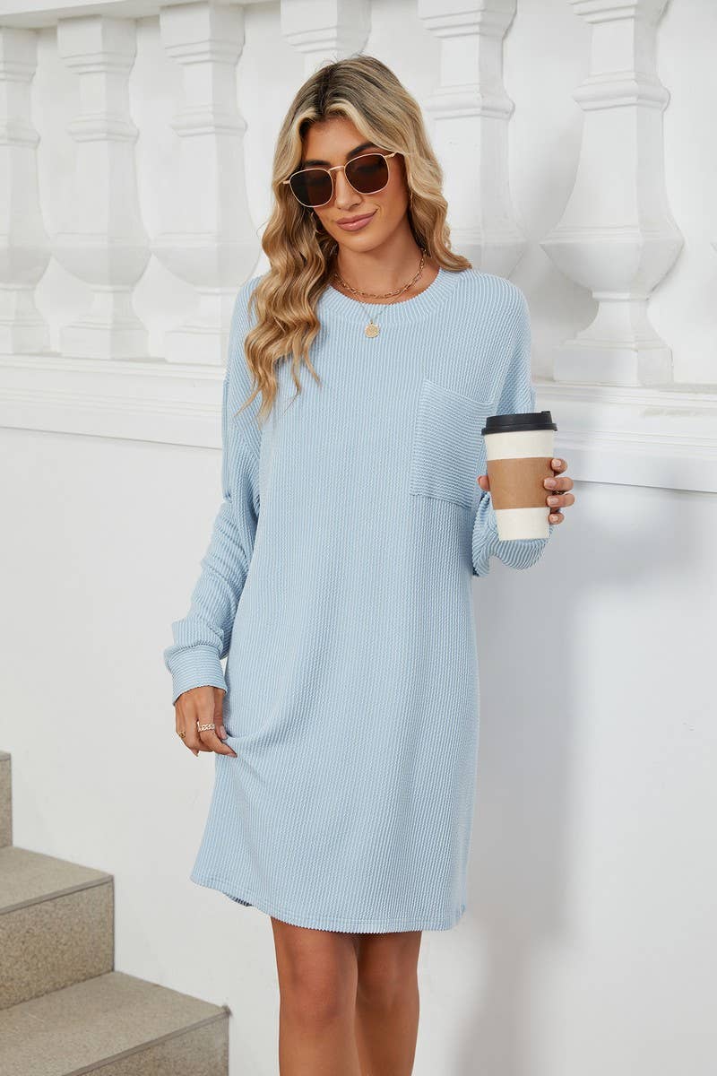 CWDSD6364_ROUND NECK STRIPED POCKET LONG SLEEVE DRESS