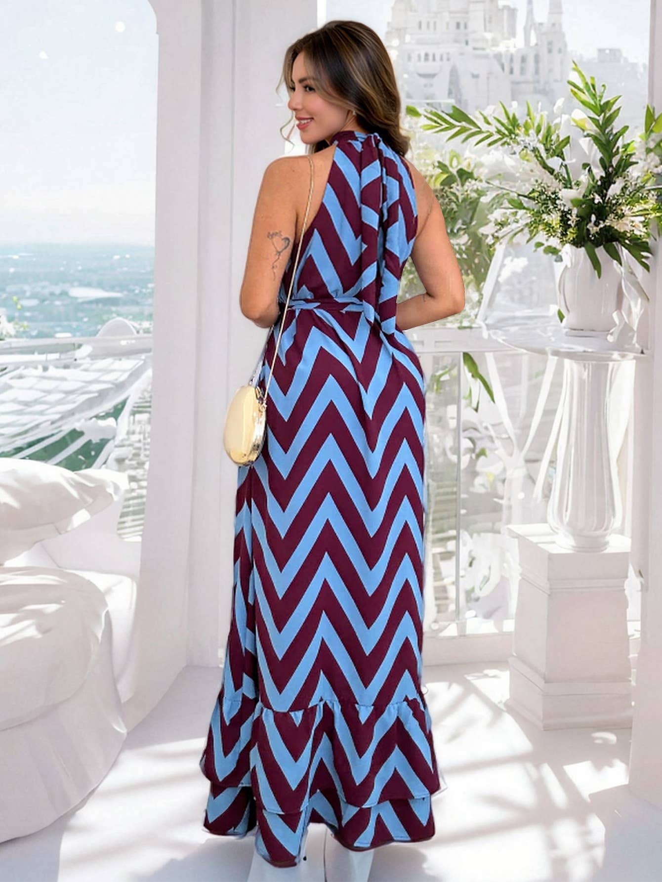 Sexy Sleeveless High Neck Wave Stripe Dress