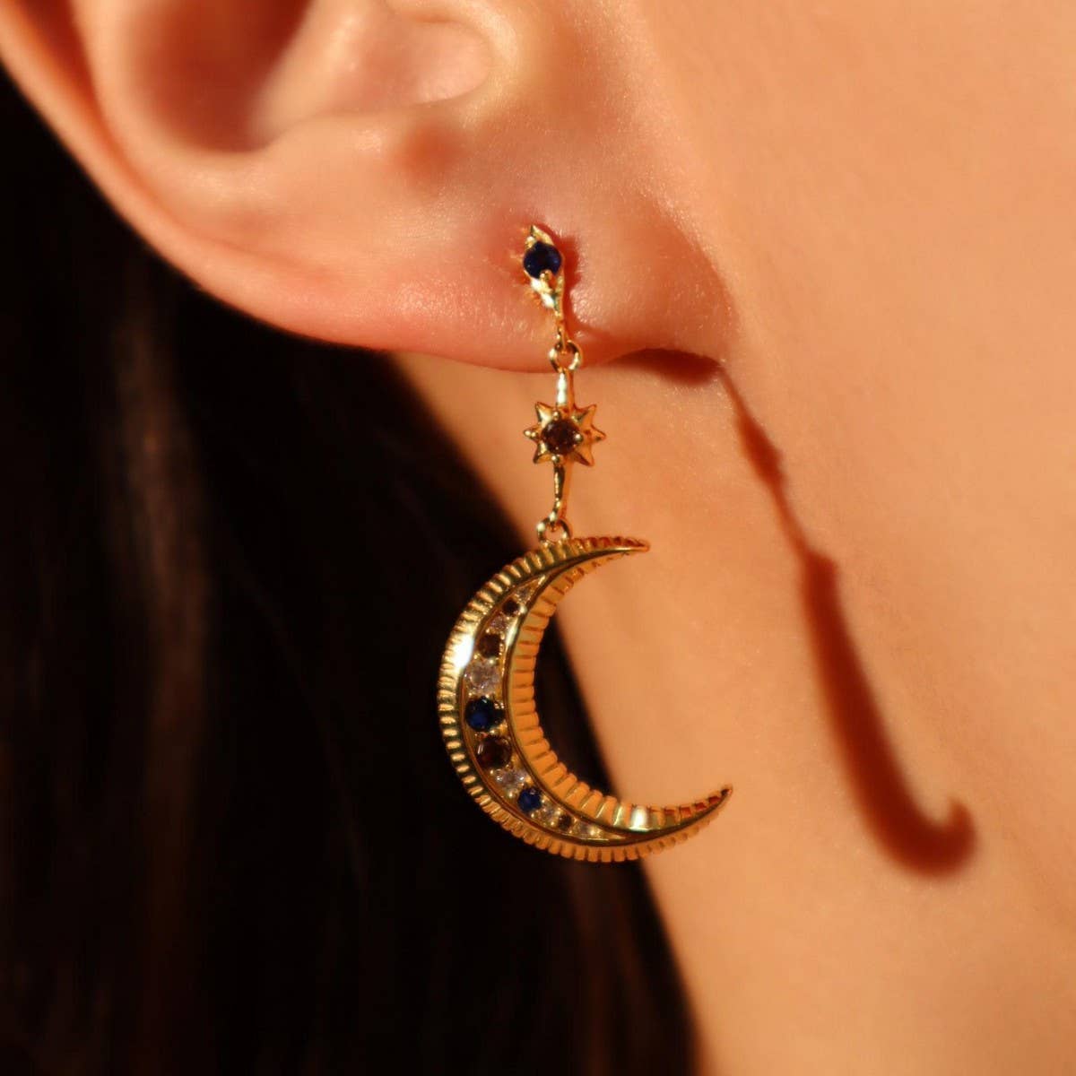 Asymmetrical Star Moon CZ Stud Earrings Vintage_CWAJE5110