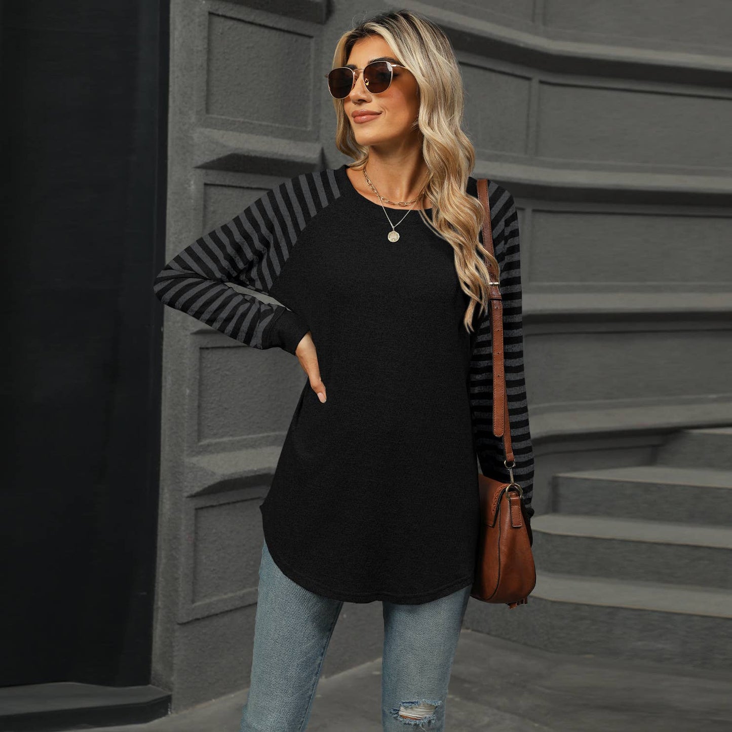 STRIPED PATCHWORK CREW NECK LONG SLEEVE T-SHIRT