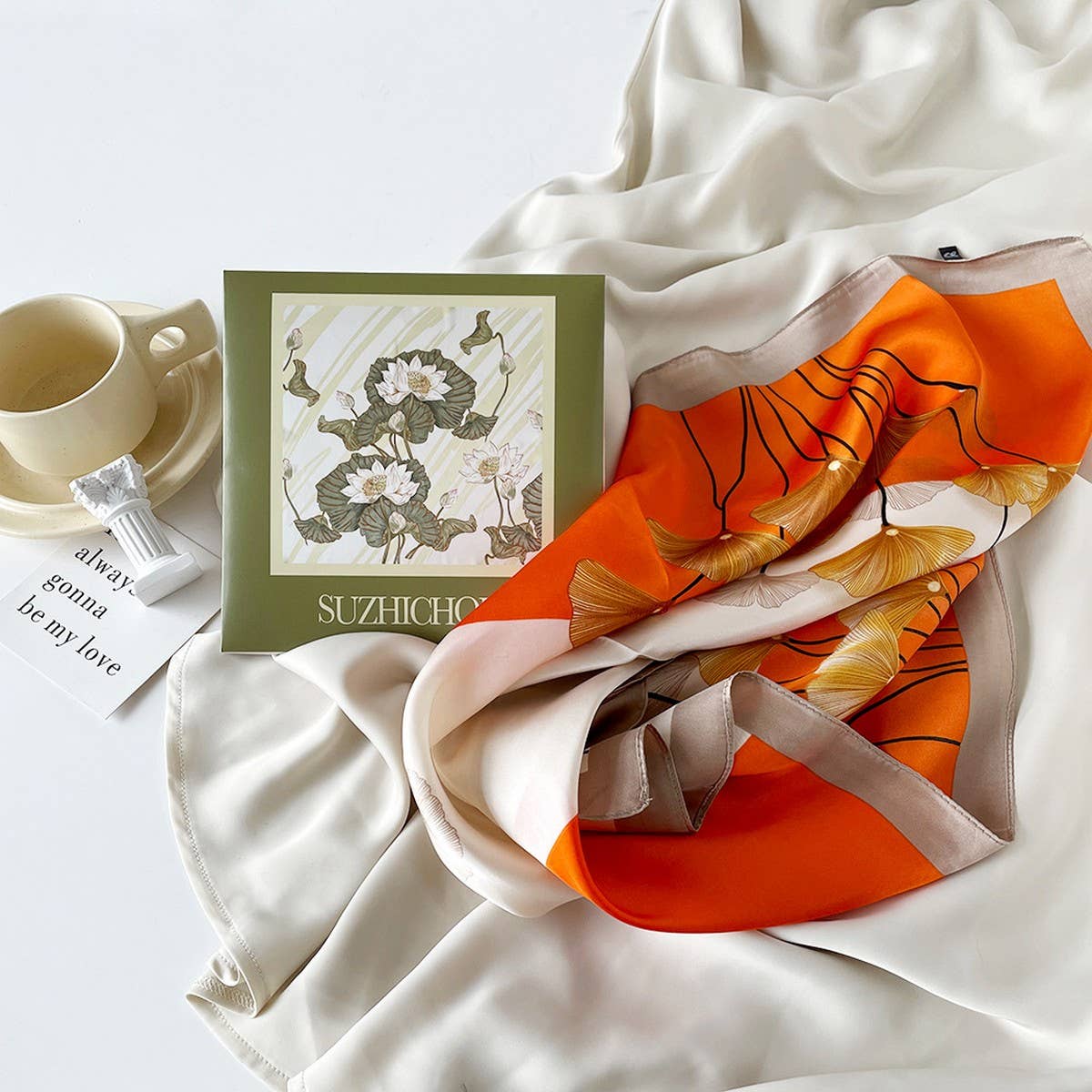 Mint Mambo Lotus Print Satin Scarf Gift for Women