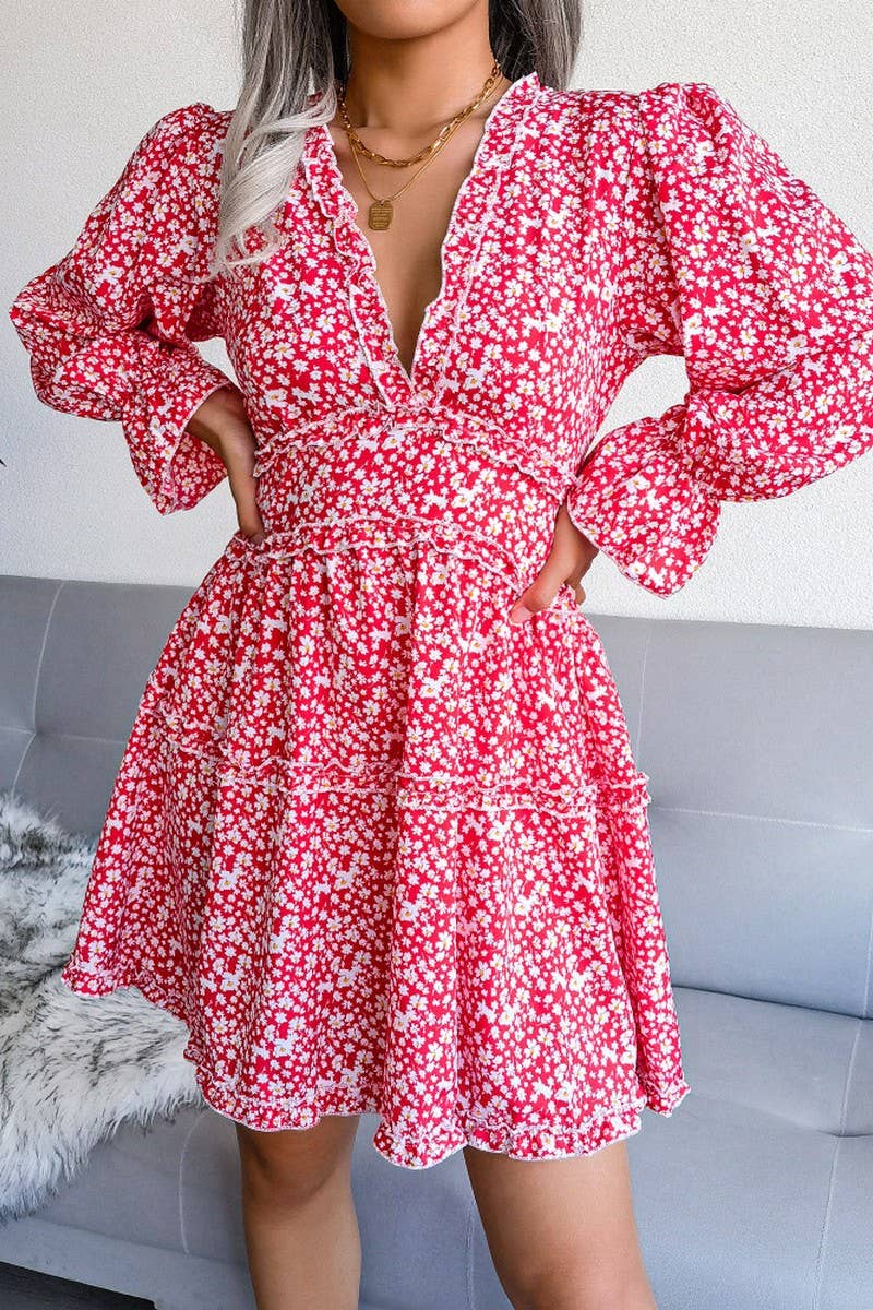 SEXY V NECK FLORAL LONG SLEEVE CHIFFON DRESS_CWDSD2502