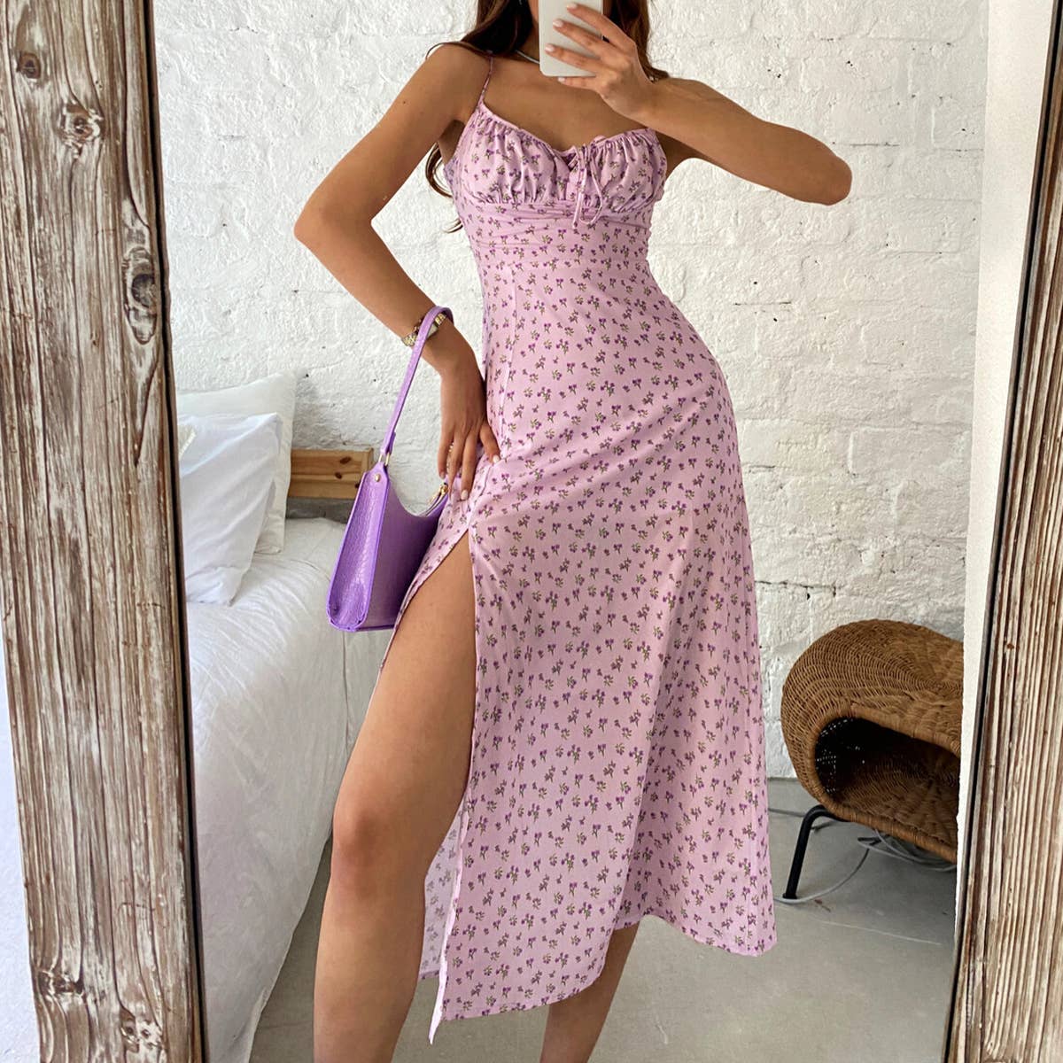 PRINT FLORAL SLIM-FIT SEXY DRESS WITH HIP WRAP
