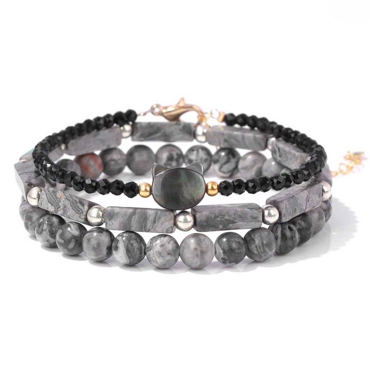CWAJE4229_STONE BEADS SHELL CAT HEAD THREE-PIECE BRACELET