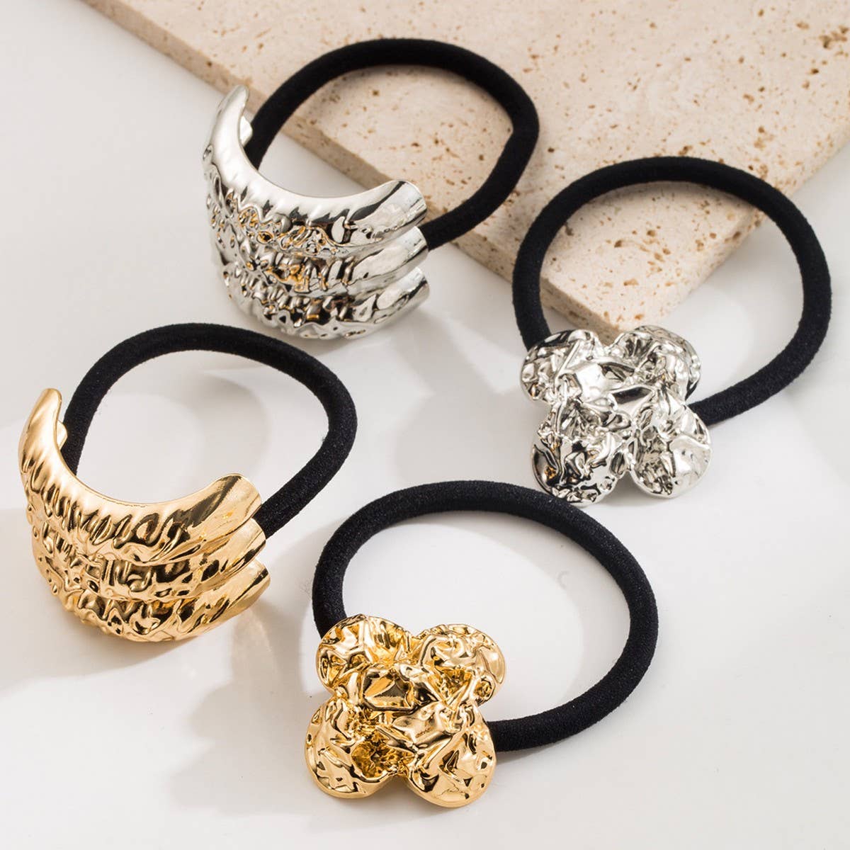 Unique Metal Textured Geometric Flower Hair Tie