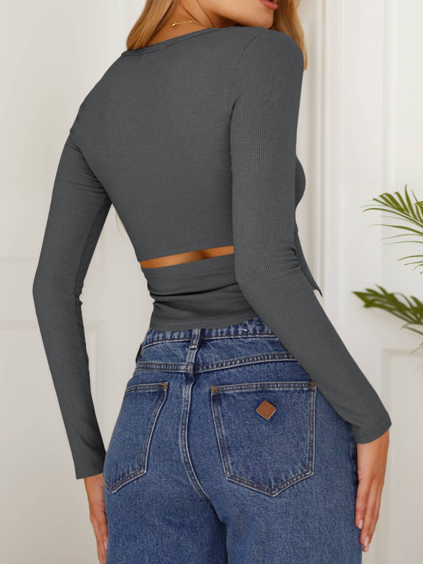 Solid color hollow long sleeve square neck T-shirt