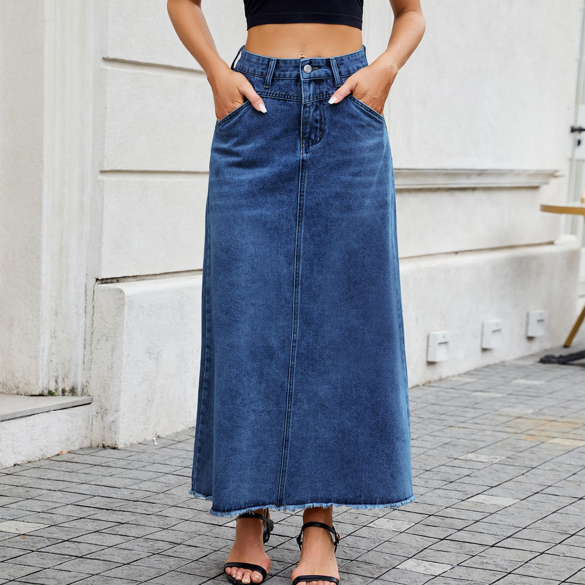 Women??¢s High Waist Denim Midi Skirt with Pockets_CWJSK0203