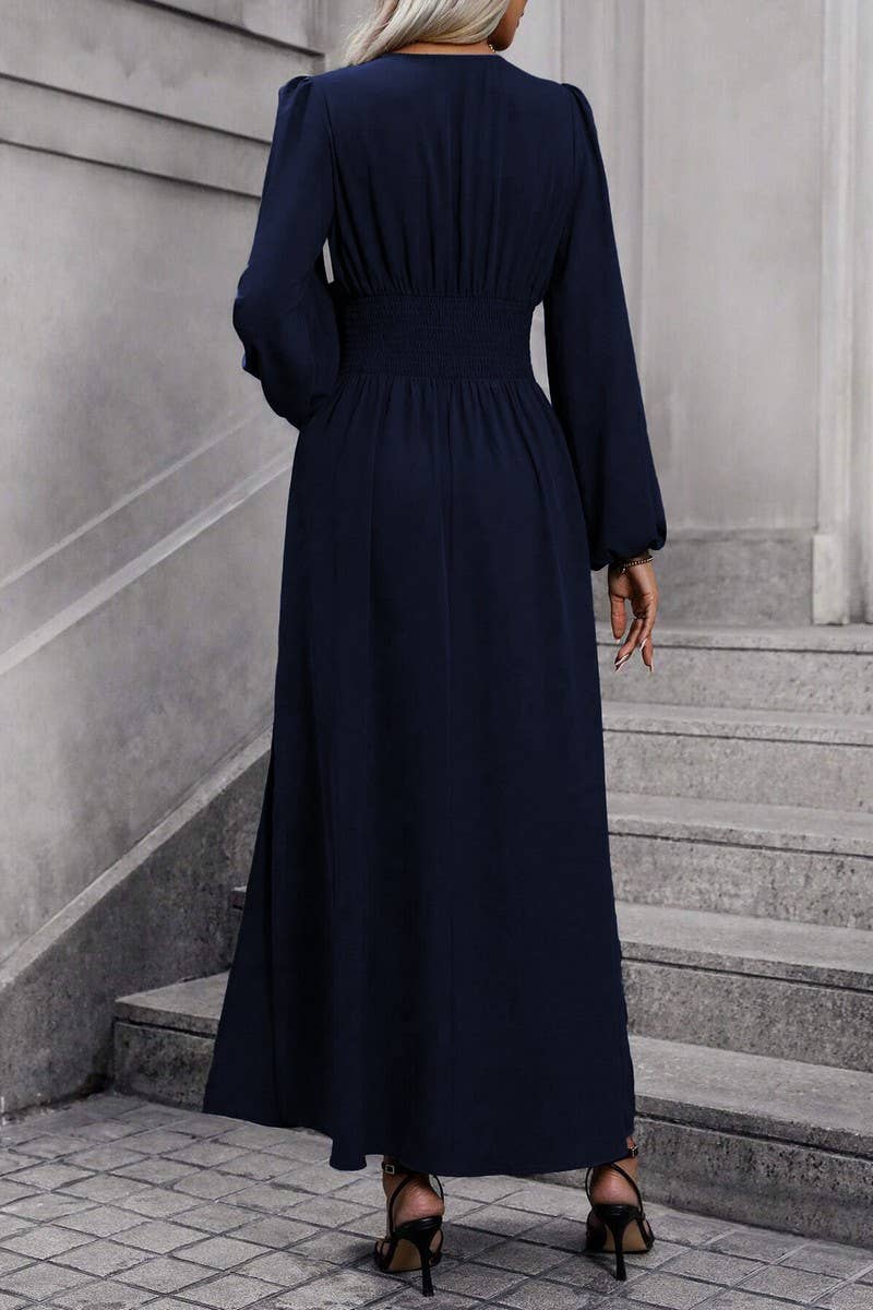 CWDMD3950_V-NECK LANTERN SLEEVES HIGH SLIT DRESS