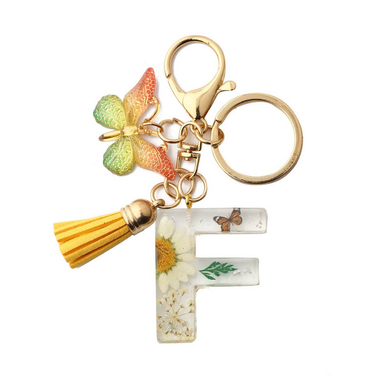 Flower Letter Keychain with Yellow Butterfly Charm_CWAB5090