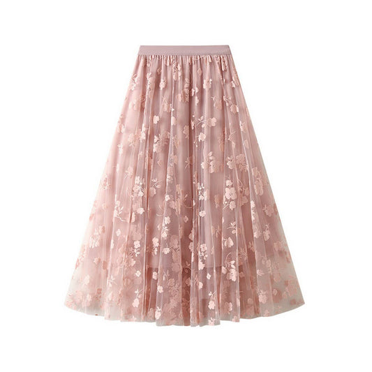 Flocked Tulle Patchwork A-Line Flared Skirt