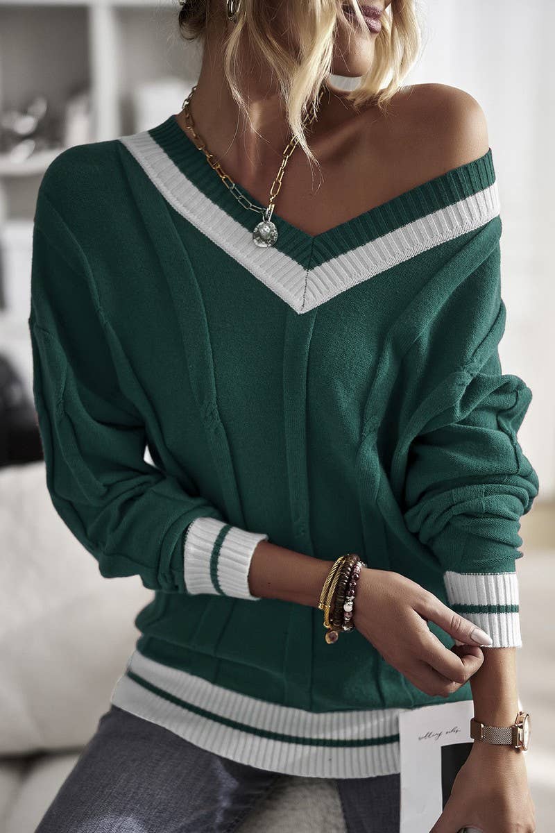 CWOSWL07520_MINIMAL V-NECK COLORBLOCK KNIT SWEATER