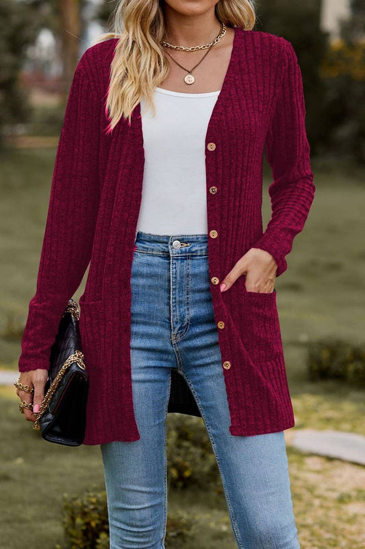 CWOCAL2286_BUTTON-UP BRUSHED RIBBED LONG SLEEVE CARDIGAN