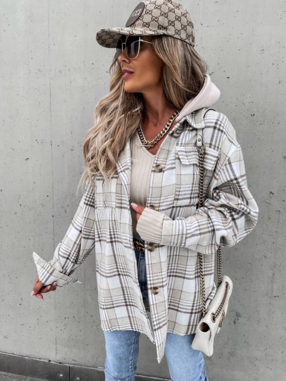 LAPEL LOOSE HOODED (REMOVABLE) PLAID WOOLEN COAT