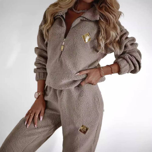ZIPPER PLUSH CASUAL SOLID COLOR LOOSE WAIST SUIT