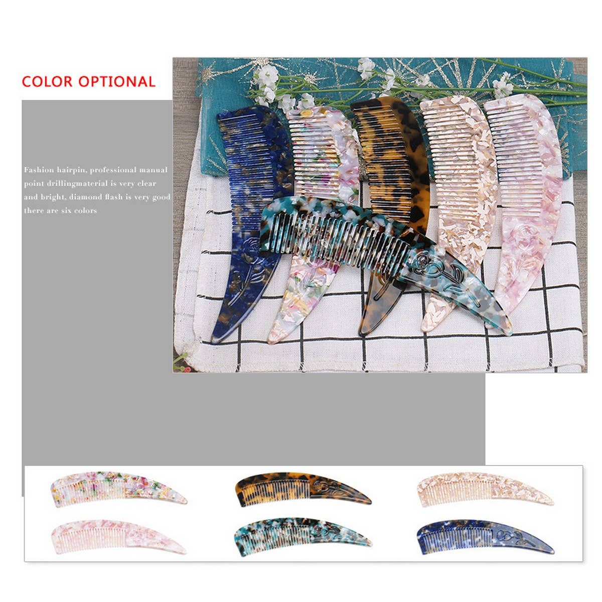 HORN POINTED TAIL COMB ACETATE CARVED FLOWER COMB