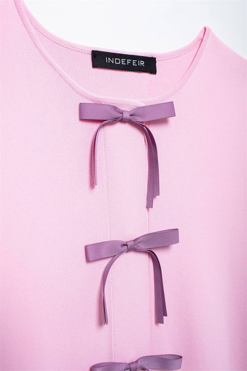 CWDSD6657_BOW DECORATED SHORT-SLEEVED KNITTED DRESS