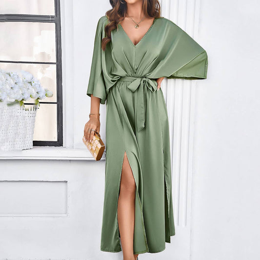 Elegant V-Neck High-Waist Loose Split Maxi Dress