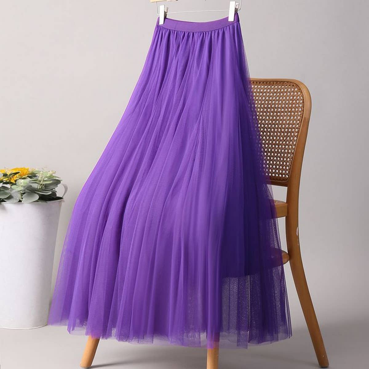 SOLID COLOR ELASTIC-WAIST MESH TULLE A-LINE SKIRT_CWBLS0372