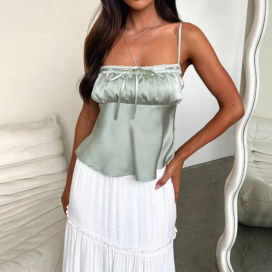 Sexy drawstring satin casual pleated tank top