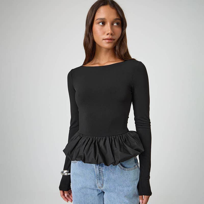 SOLID COLOR CREW NECK PATCHWORK LONG SLEEVE TOP