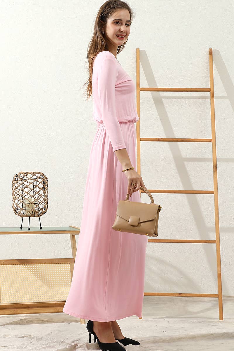 CWDMD797_ROUND NECK WAIST BANDED MAIX LONG SOLID DRESS