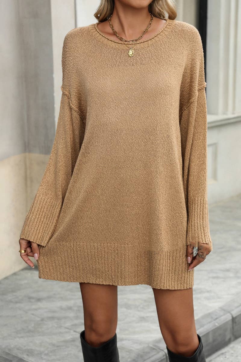 CWDSD6497_CREW NECK LONG SLEEVE SOLID COLOR SWEATER DRESS