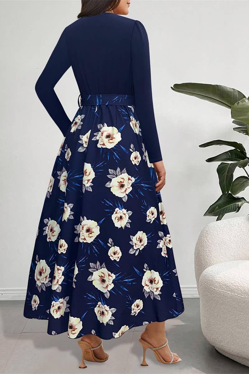 CWDMD5034_IRREGULAR PRINT LONG SLEEVE DRESS WITH BELT