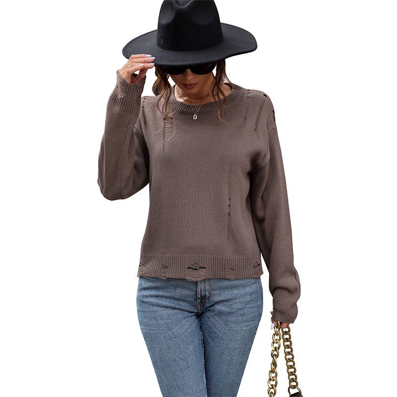 LONG SLEEVE SOLID COLOR RIPPED PULLOVER SWEATER