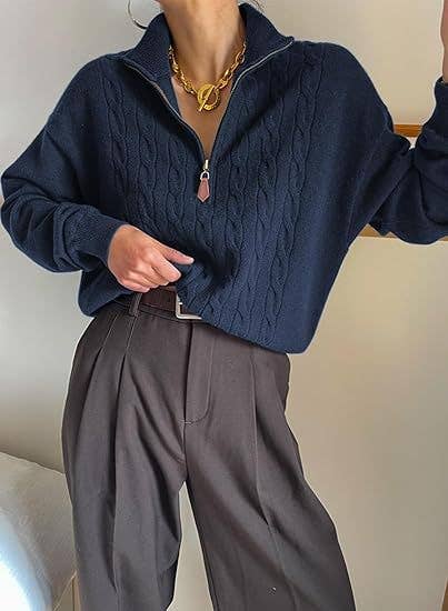 Semi-high neck zipper ribbed twist knit sweater