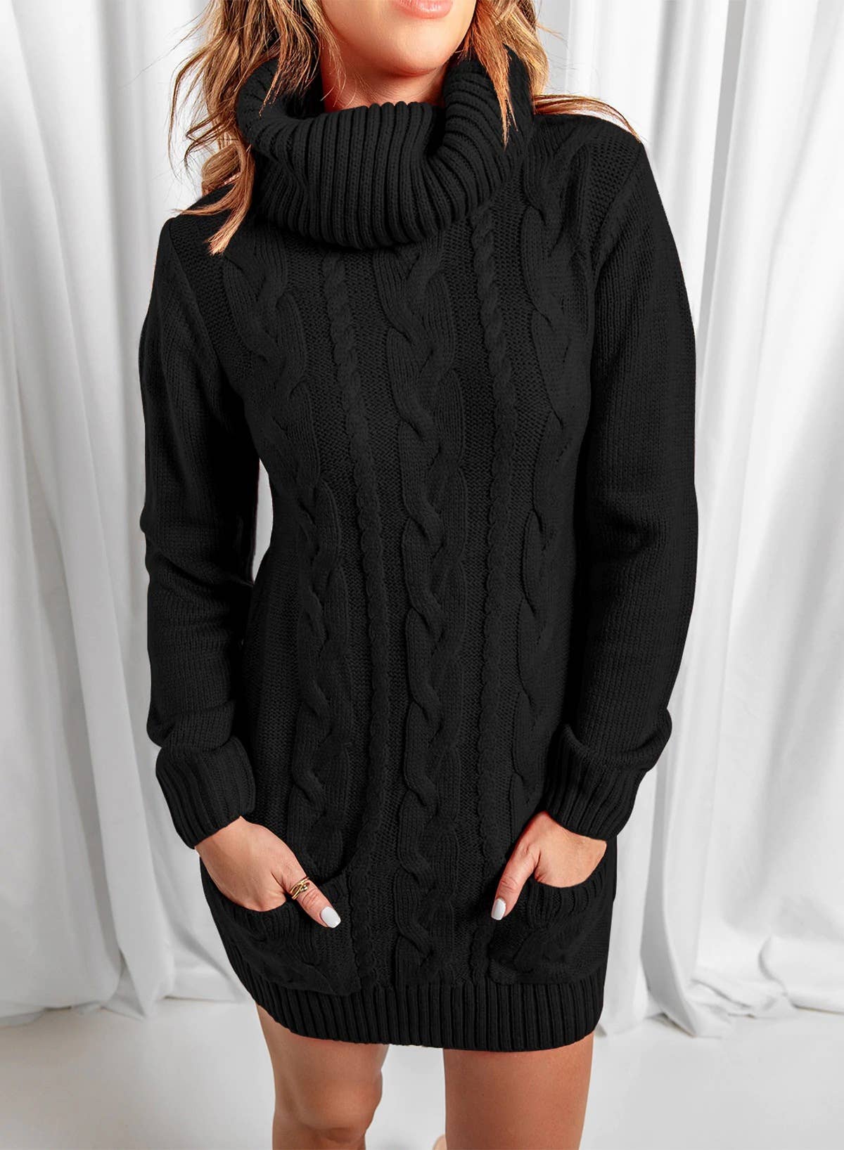 TURTLENECK SOLID COLOR CREW-NECK SWEATER DRESS