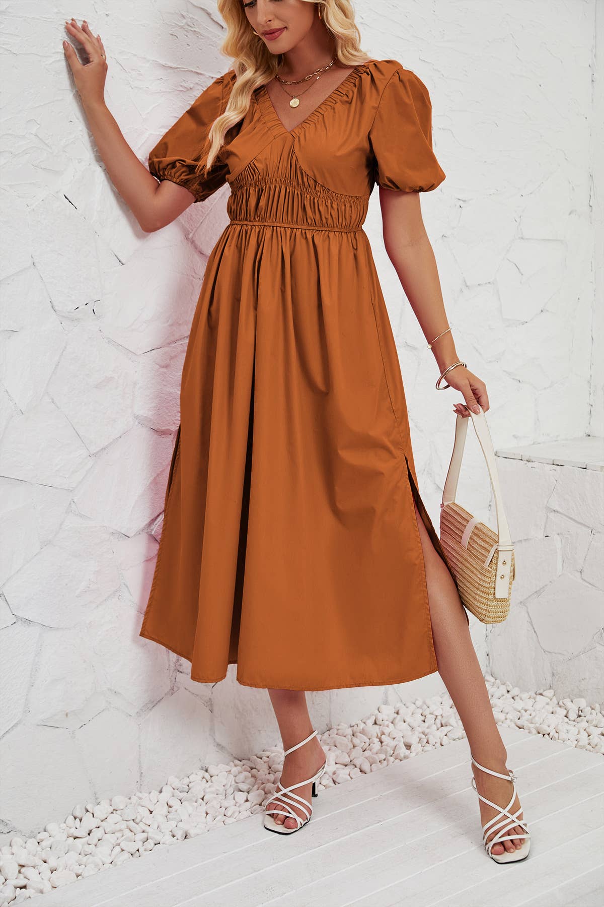 LOOSE TUNIC SKIRT V-NECK SHORT-SLEEVED DRESS