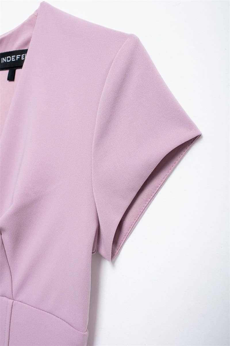 CWDSD6658_WIDE PLEATED V NECK SHORT ZIP-UP DRESS