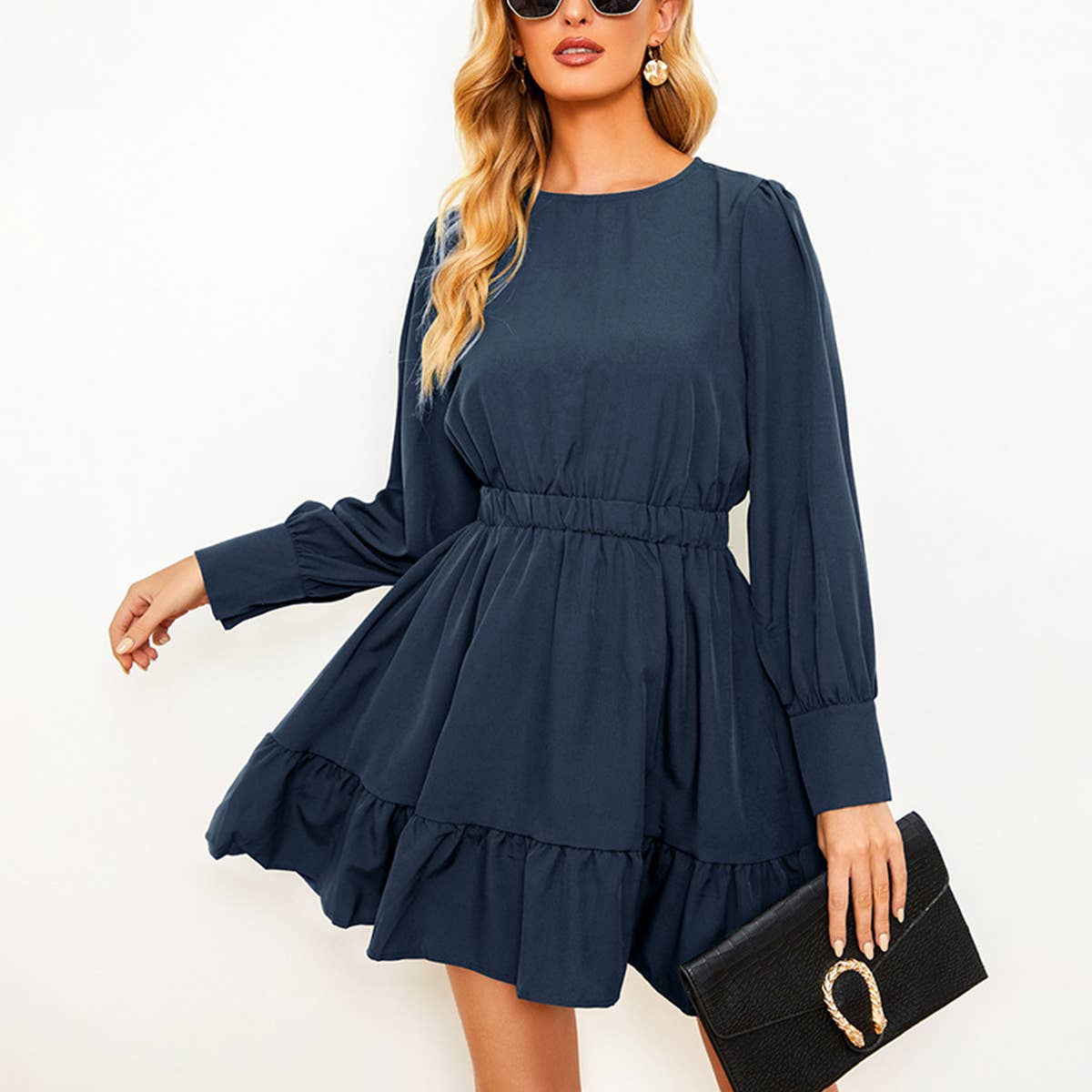 SOLID COLOR PINCHED WAIST LONG SLEEVE DRESS