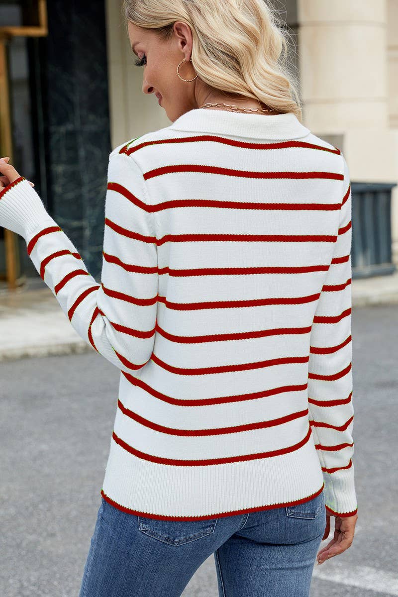 CWOSWL07719_CASUAL STRIPED LAPEL KNITTED LONG-SLEEVED TOP