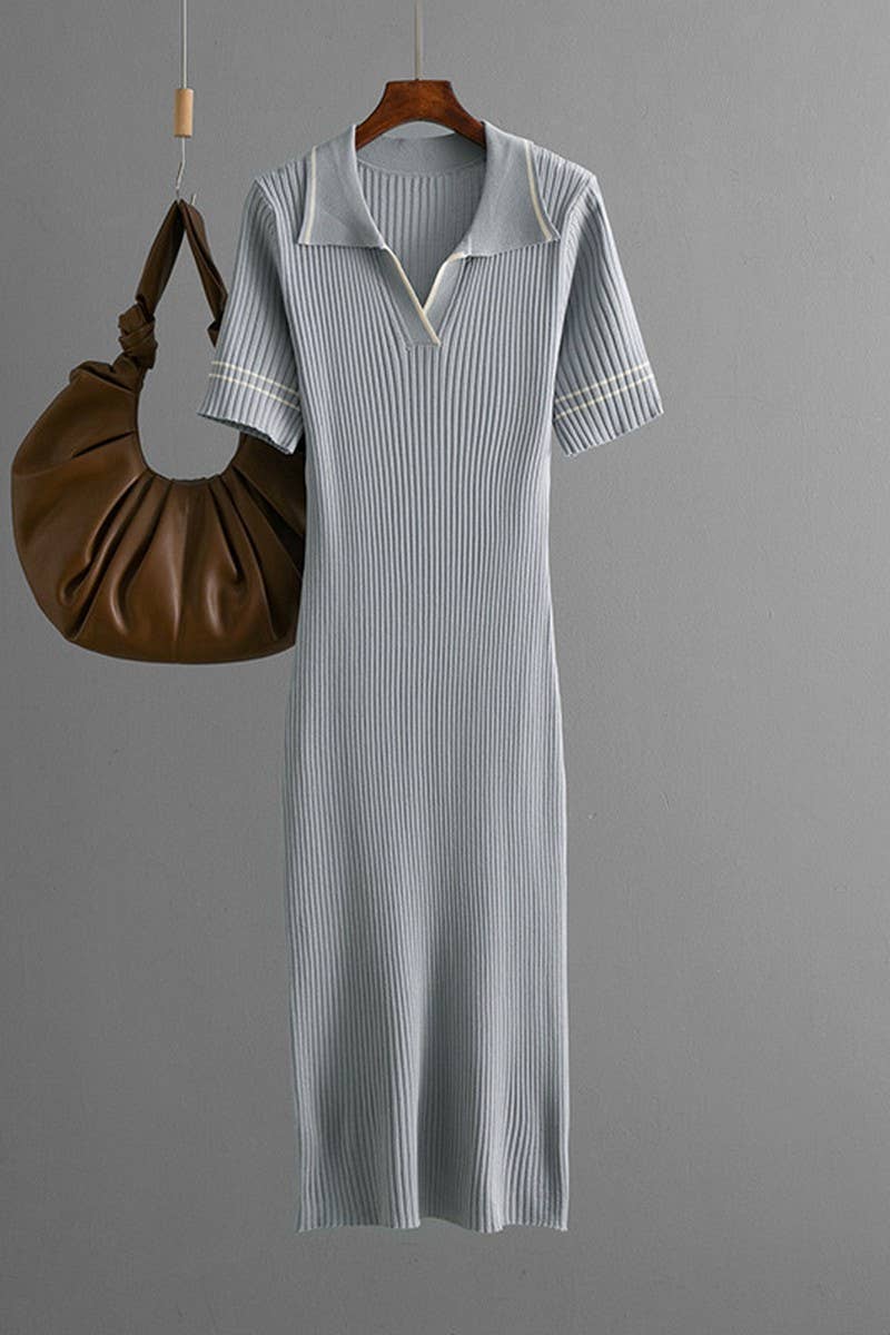 CWDMD01154_SOLID KNIT POLO COLLAR BODYCON MINI DRESS