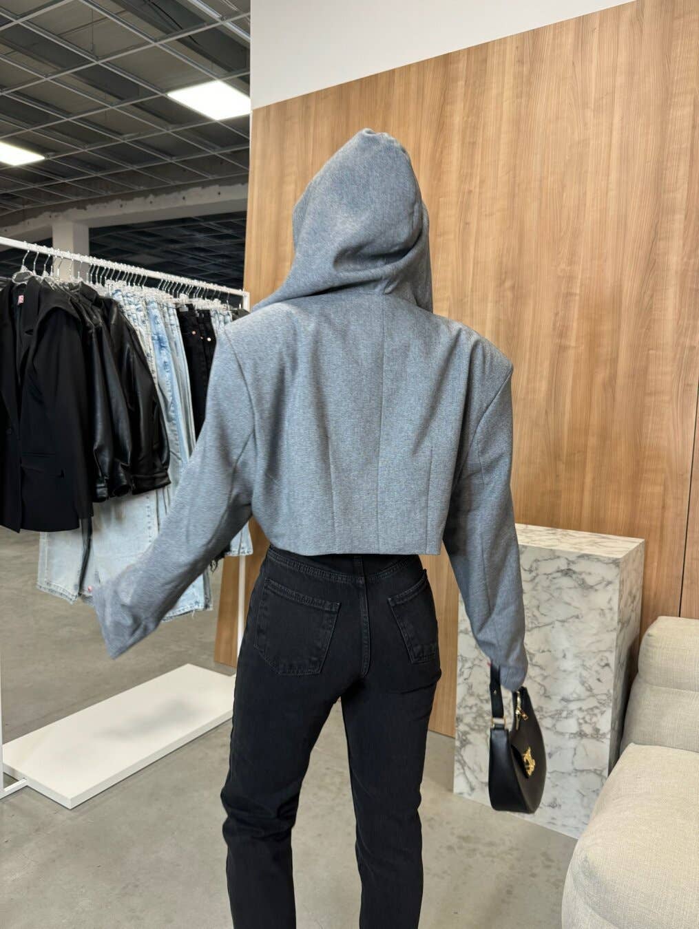 HOODED LONG SLEEVE SMALL SUIT SOLID COLOR COAT