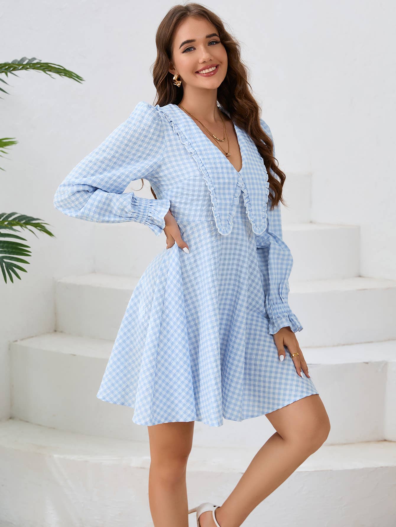 Plaid V-Neck Long Sleeve Fit and Flare Dress