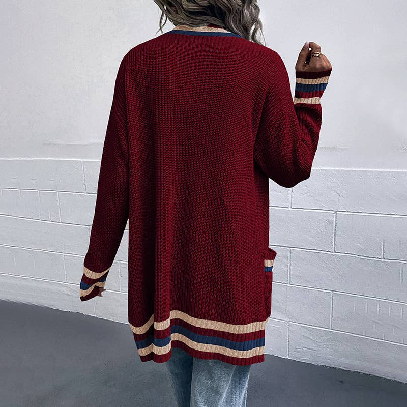 Striped pocket knit cardigan in contrasting colors