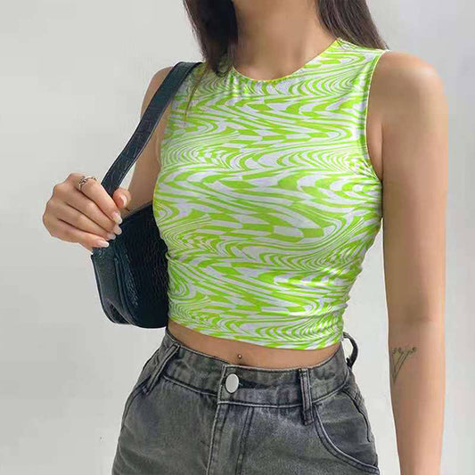 Abstract print sleeveless midriff slim-fit vest